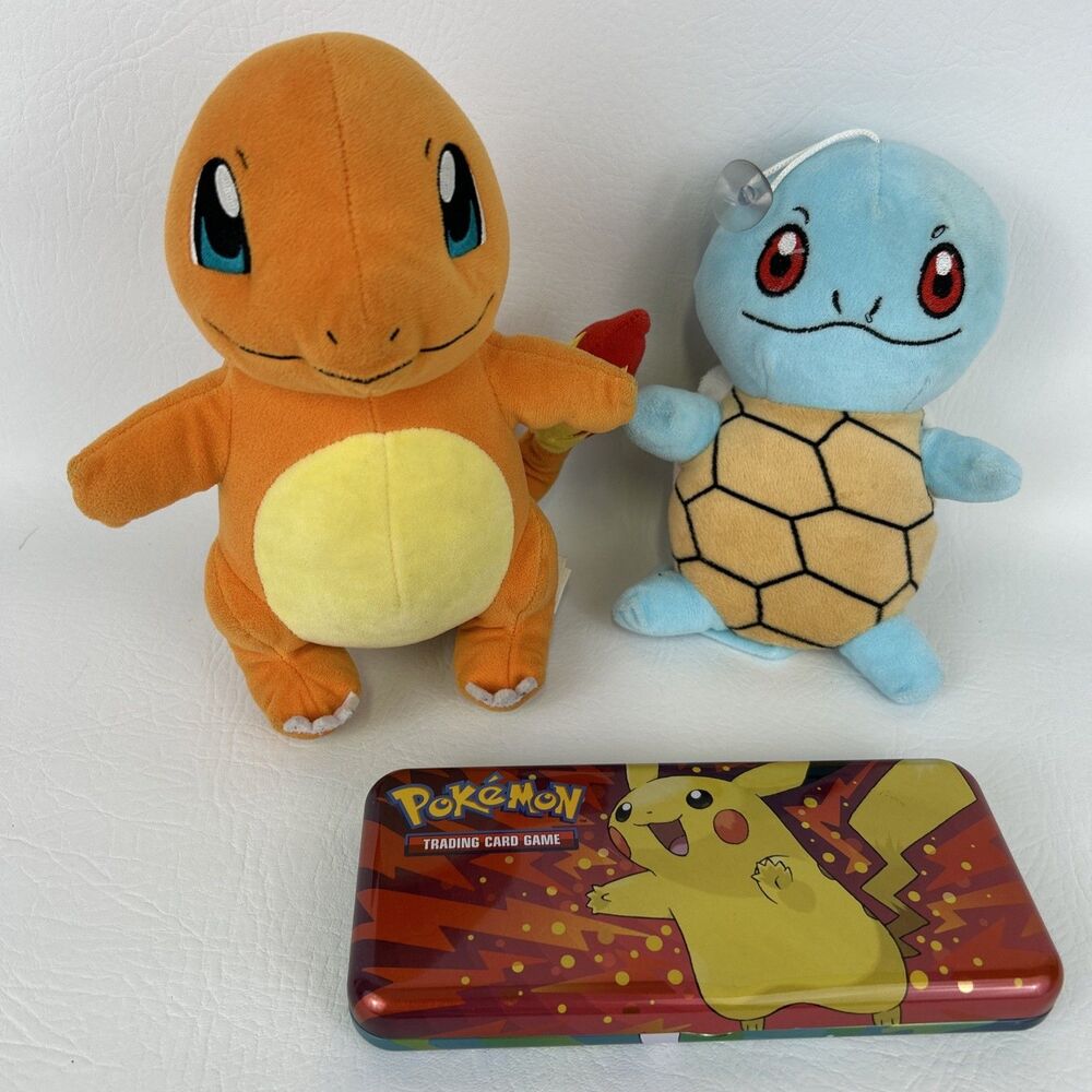 Pokemon Lot Charmander Squirtle Plush Stuffed Animals Card Storage Tin